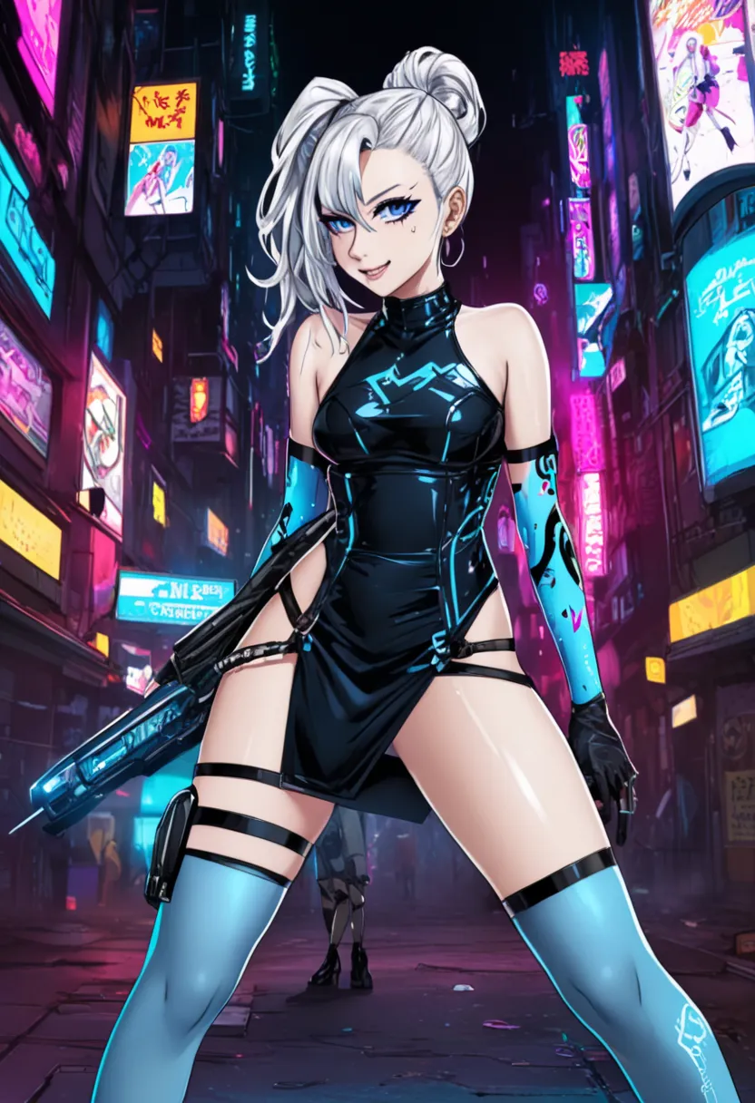 rebecca, cyberpunk edgerunners, prostitute dress, loose hair, high heels, naughty smile, ponytail hair, platinum hair, blue skin.