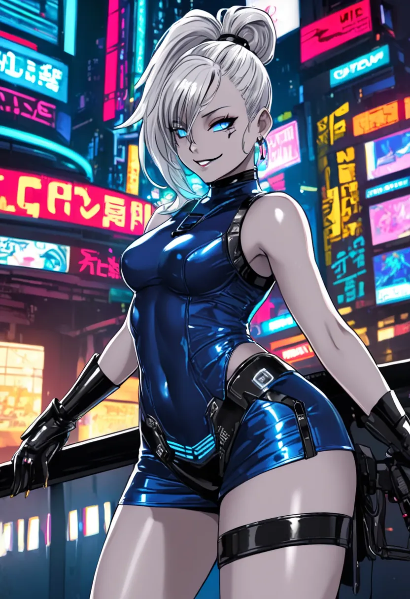 rebecca, cyberpunk edgerunners, prostitute dress, loose hair, high heels, naughty smile, ponytail hair, platinum hair, blue skin.