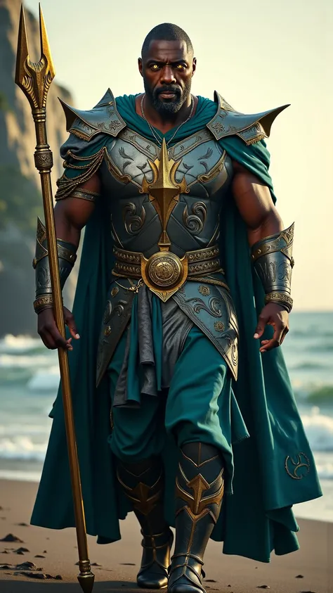 Idris Elba reimagined as a majestic Norse god Njord walking and holding a golden trident､dramatic atmosphere, 1 male､ 

 His massive, muscular frame is clad in divine armor, built for both power and endurance. His shaved head gleams under the golden light,...