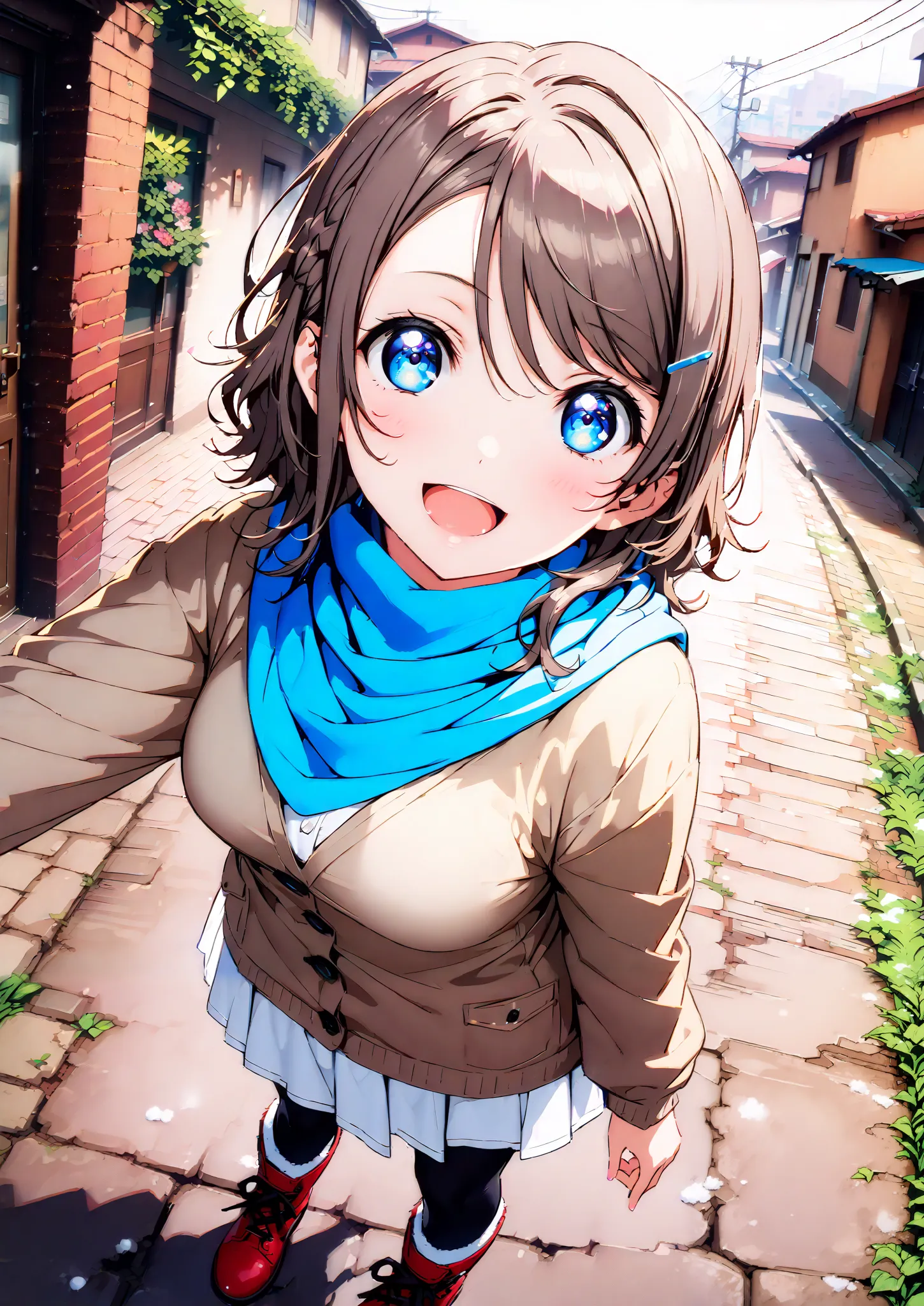  score_9,  score_8_up,  score_7_up, Alone, 1 girl, Watanabe,  short hair,Medium breast,half updo,Glasses,smile,opens her mouth,white breath,blush, duffle coat,(sweater  :1.2),( turtleneck:1.2),blue scarf , white long skirt,black pantyhose,shoes, snow boots...