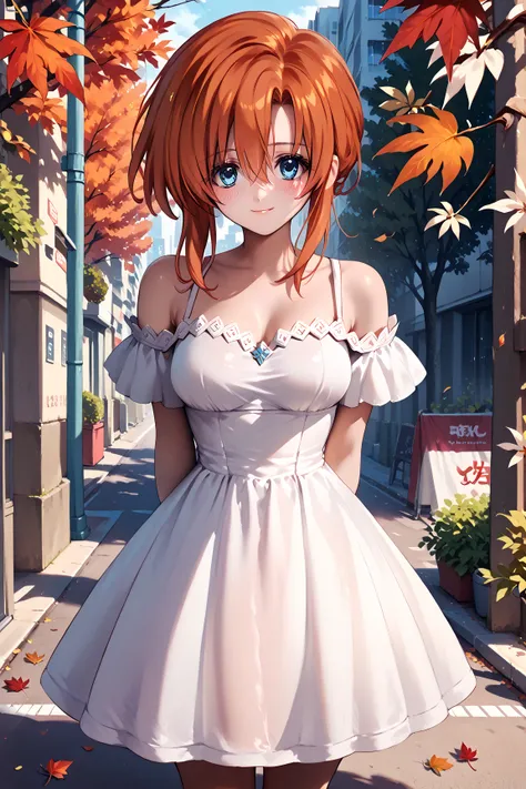 woman、 beautiful and well-groomed breasts 、 orange hair 、 rich contrast 、 Extremely High Quality 、8k、Very Delicate CG Unit、壁紙1woman,light blue eyes,small eyes,bangs between eyes,medium breasts,
White dress,off shoulder dress,city,street,trees,maple tree,re...