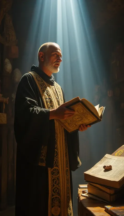 A Catholic priest holding an open Bible, with a beam of heavenly light descending upon him, while gazing in amazement at magically illuminated ancient texts.