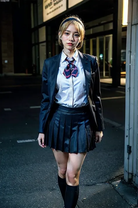 1 girl, full body photography, athletic, blonde hair, school uniform, gray cut suit jacket, Satoko, mid-short hair, wide hips, Volumetric lighting, best quality, masterpiece, intricate details, tone mapping, Sharp focus, hyper detailed, trending on artstat...