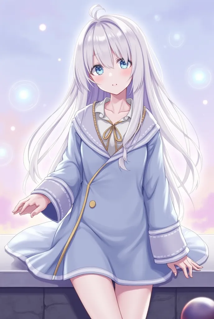 high resolution, {pastel colour}, fantasy, 1 girl, gray hair, white skin, long hair, blue eyes, [little chest], round chest, white shirt inside robe, simple sky blue robe with gold frame, beautiful appearance, front gaze, half body image, best_quality, hig...