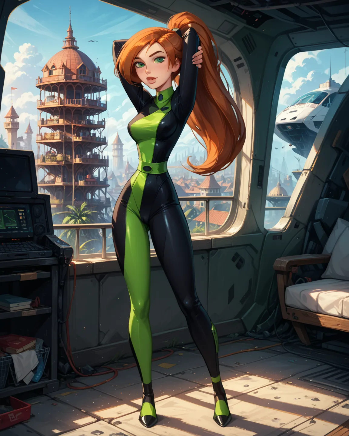 cinematic film still, solo, 1girl, BREAK young kim possible, perky breasts, shiny green catsuit, shegos outfit BREAK inside high tech spaceship, sneaking around, standing, sexy stretching, stretching body, cameltoe, beautiful, graceful, elegant, BREAK beau...