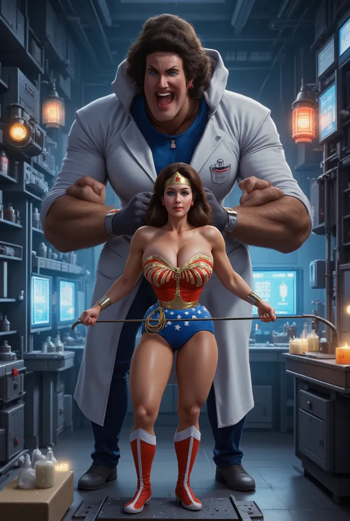 A dramatic and highly detailed cinematic illustration of Wonder Woman trapped inside a high-tech secret laboratory as she undergoes a terrifying transformation—being shrunk down to just 6 inches tall. She stands on a sleek, metallic platform, her iconic re...