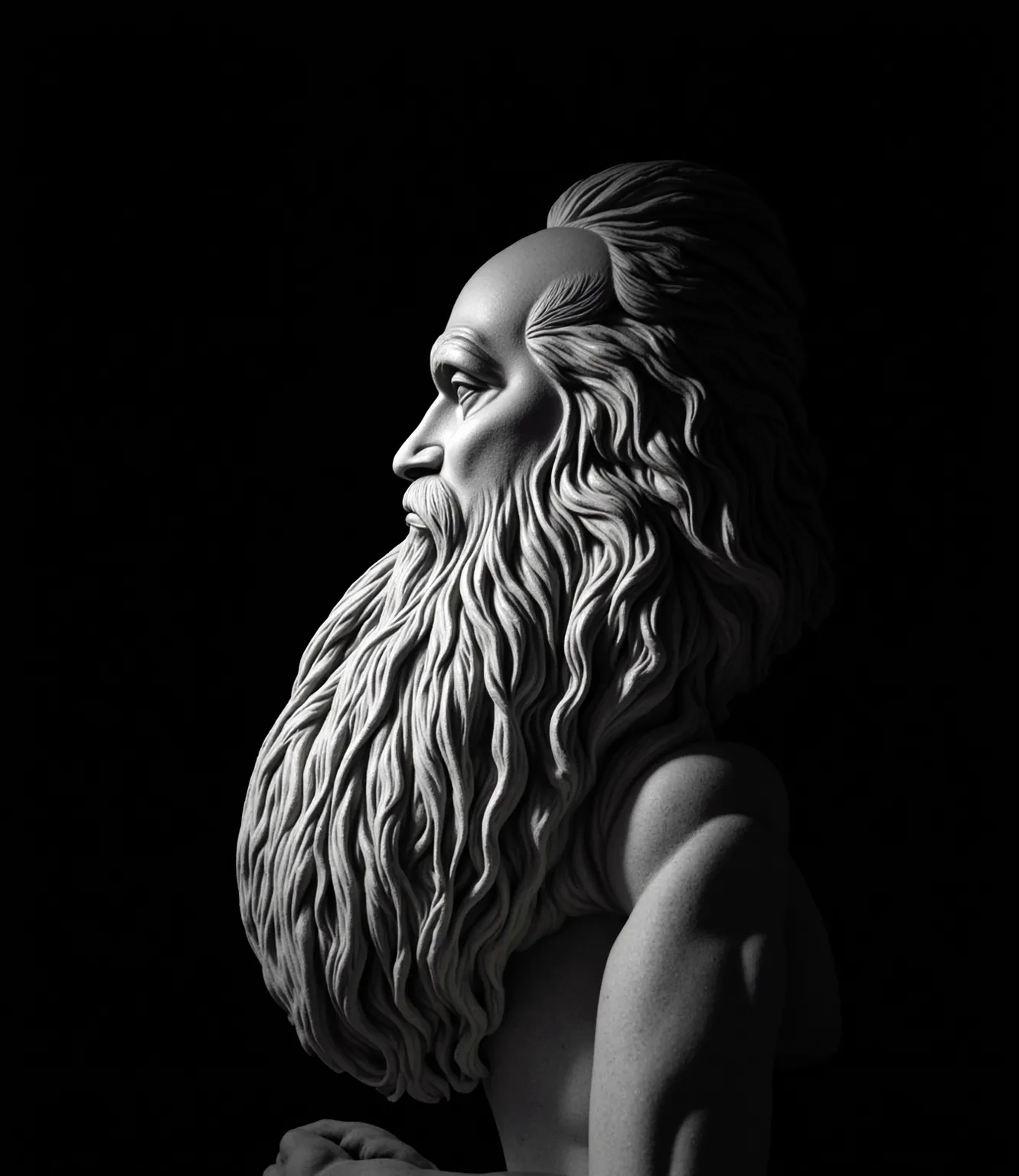 Hyper-realistic black & white side-profile statue of an old bearded man, facing completely east, sculpted in fine marble, with an enormous, flowing beard three times the size of his face. The carved beard extends outward in thick, intricate waves, dominati...