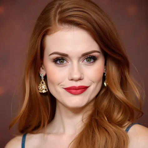  She's a beautiful young woman  ((Holland Roden)), I am 26 years old, a dark red shade, big,  perfect and shiny brown eyes , thin casual wear lipstick with a discreet smile, red lipstick,  casual wear, And long straight hair, blurred rose bronze background...