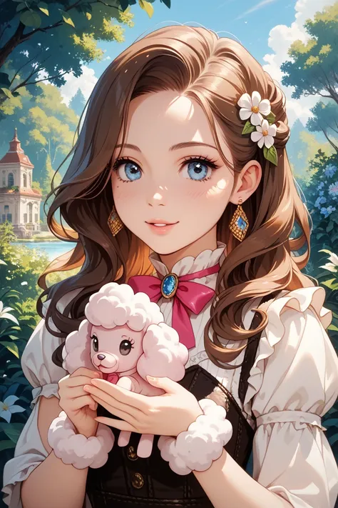 Girl human loose fluffy cute brown long hair white knit natural fluffy cute toy poodle and lifetime illustration