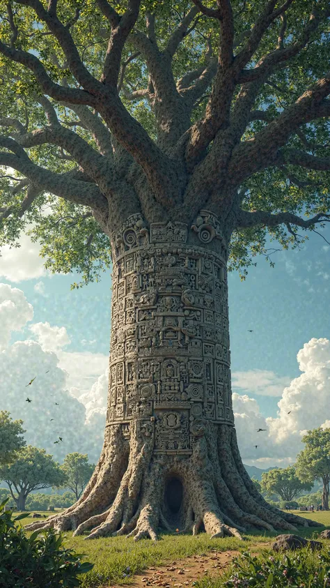 A majestic tree with Toltec carvings on its trunk,  in an open field , representing authenticity and connection with ancient culture.