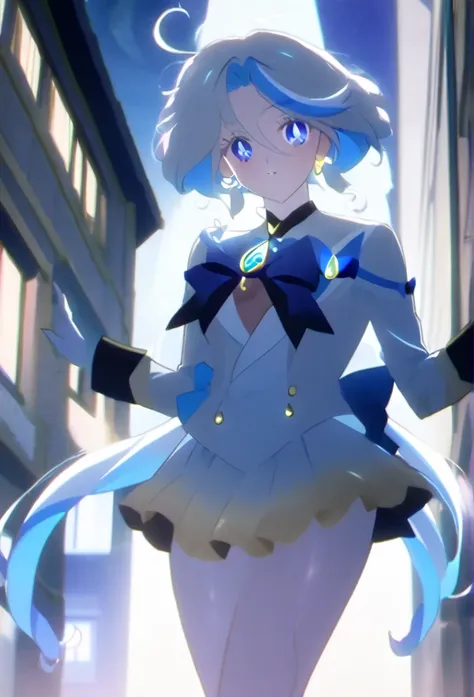 Furina anime style With a costume very similar to that of " seilor moon ", has white and blue hair, blue eyes, white skin, labial azul, Un simbolo de luna como el de  seilor moon  en la Frente de color Amarilla, beautiful eyelashes, Moon Earrings in Her Ea...