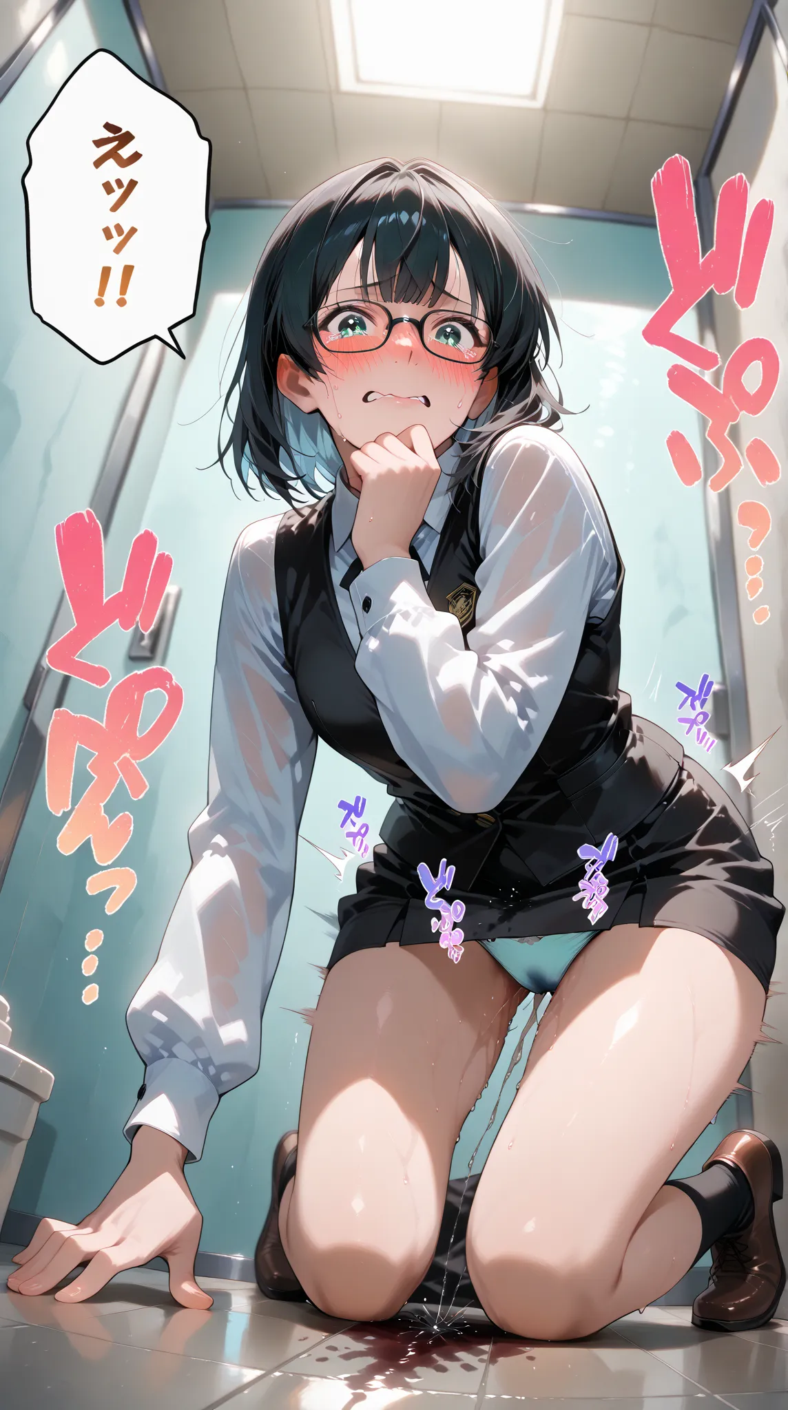 anime - style illustration of a woman in a black vest and pencilskirt, anime character, official character art, full body, female anime girl, (black hair:1.5), (tanned:0.5), (sweaty:1.2), glasses, in the restroom, (leaning forward kneeling:1.5), looking at...