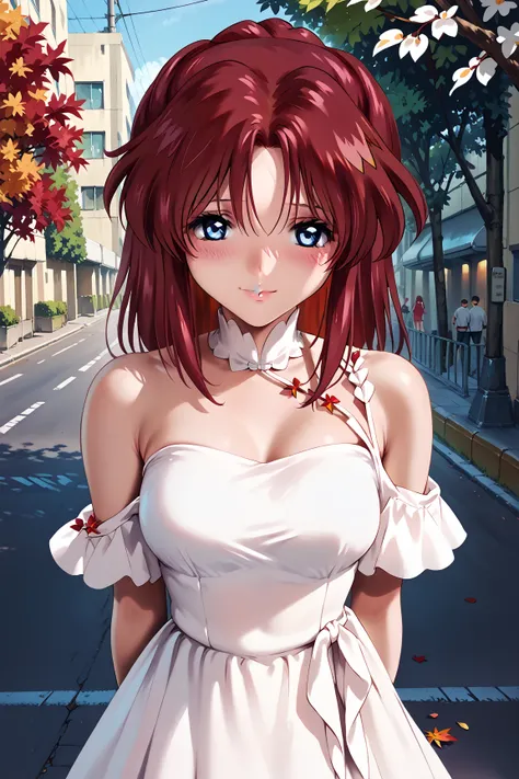  beautiful and well-groomed breasts 、 red hair ponytail 、 rich contrast 、 Extremely High Quality 、8k、Very Delicate CG Unit、Wallpaper ultra wide angle 1woman,light blue eyes,small eyes,bangs between eyes,medium breasts,
White dress,off shoulder dress,city,s...