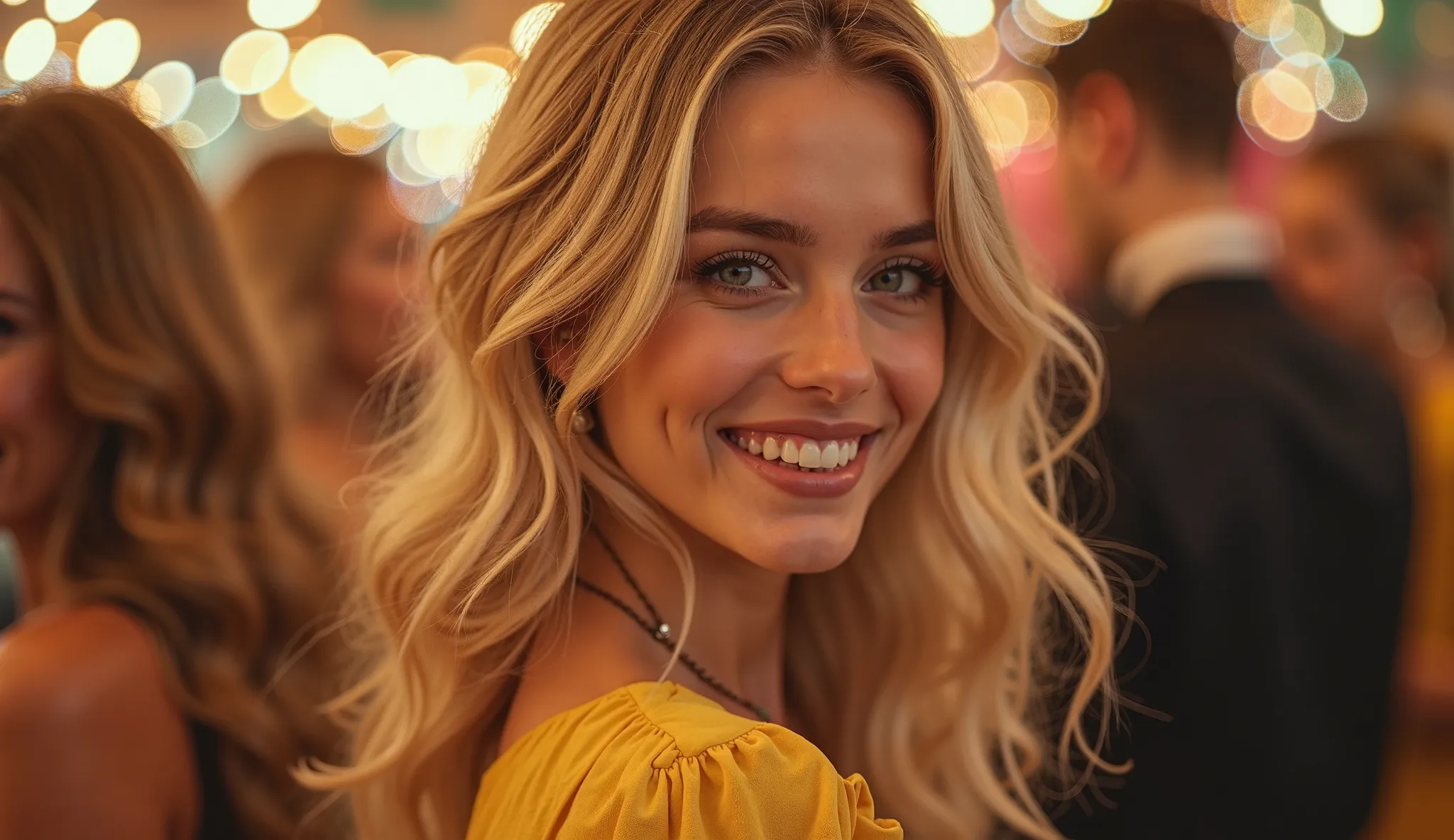 Beautiful blonde girl of Russian appearance close up in a charming yellow dress 27 years old, at party