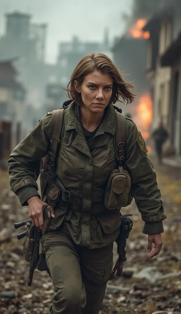 A beautiful young female soldier, 20 years old, dashes forward through the chaos of battle in a war-torn European countryside. Her sharp, determined eyes scan the surroundings, framed by her sleek bob haircut, slightly tousled by the wind and movement. Her...