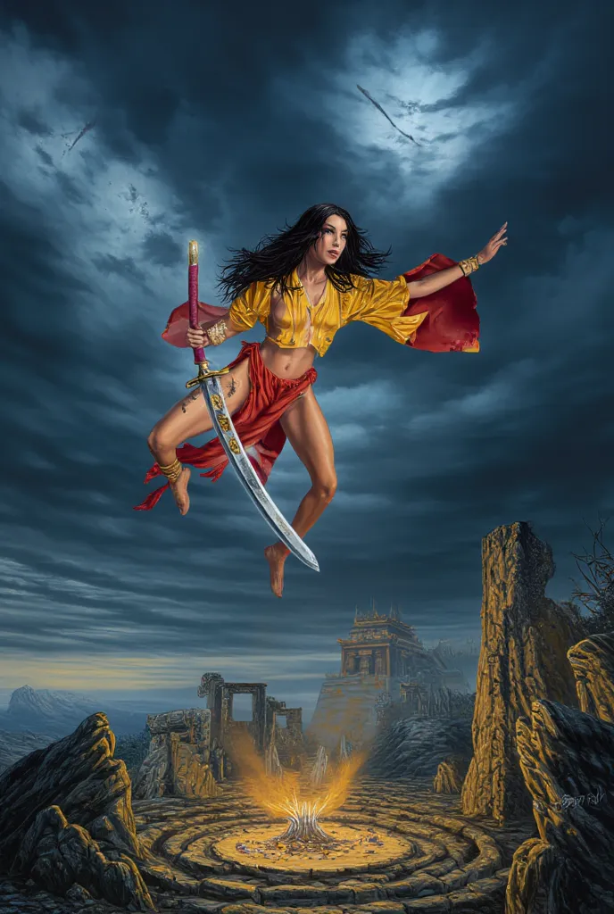  "A mystical Chinese goddess of war, magic, and enchanting allure, levitating triumphantly above ancient temple ruins under a stormy nocturnal sky. Traditional robe torn at the edges, vibrant yellow, red, and dark blue colors, **mystical sigils glowing fai...