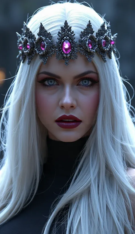  Here is a detailed prompt to generate an image  ** super realistic** like **Sindel**, focused **only on the face**, with shiny white hair, a detailed crown and an impactful background:  

---  
**"Close-up hiper-realista do rosto like Sindel, the powerful...