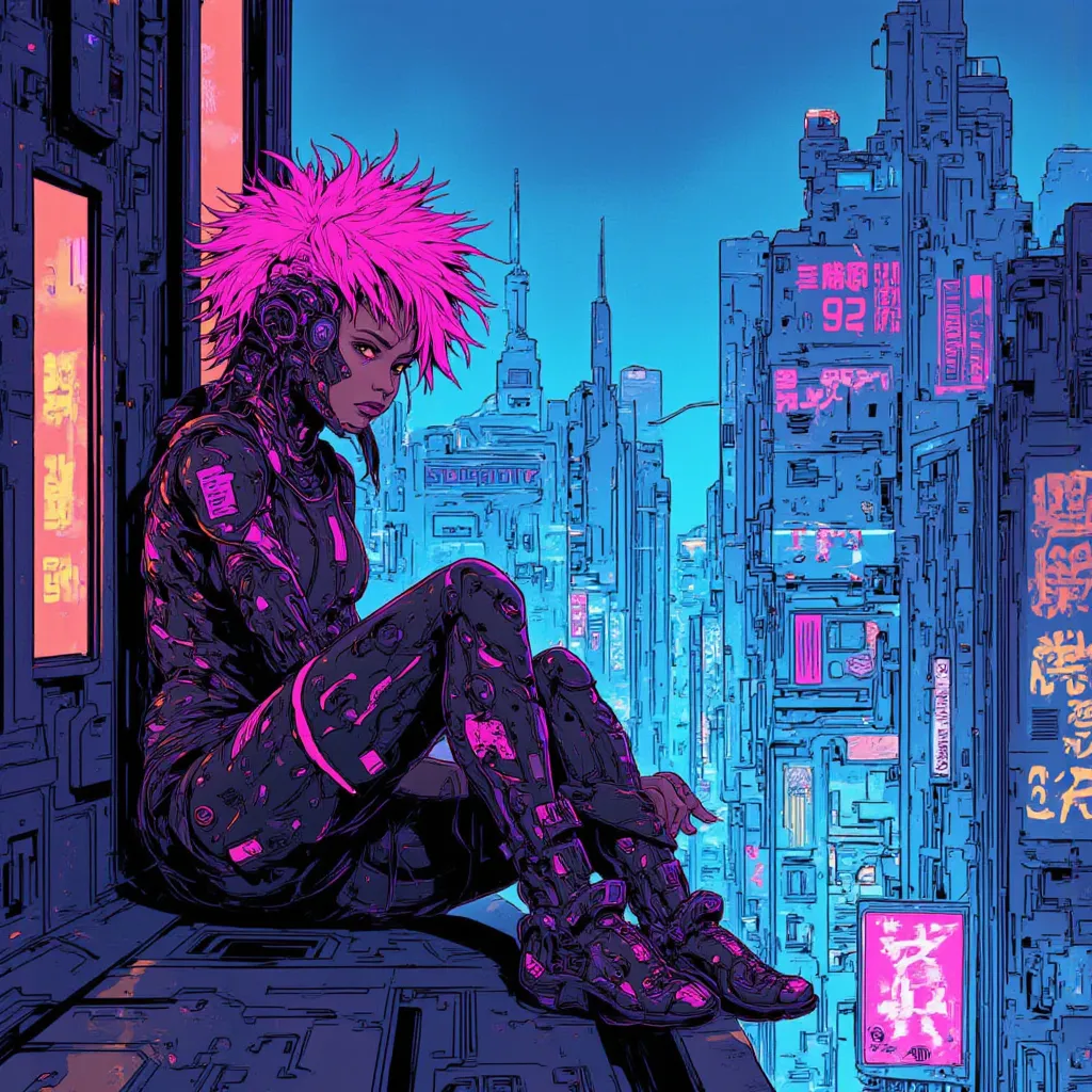 ((manga magazine)) ((perfect cyberpunk girl sitting on edge of a builing looking out at cyberpunk city bellow))),  ((dynamic pose)), ((led lights)), ((afro pink hair))), manga draw)), hot lights, (( cinematography lights)), barcode.