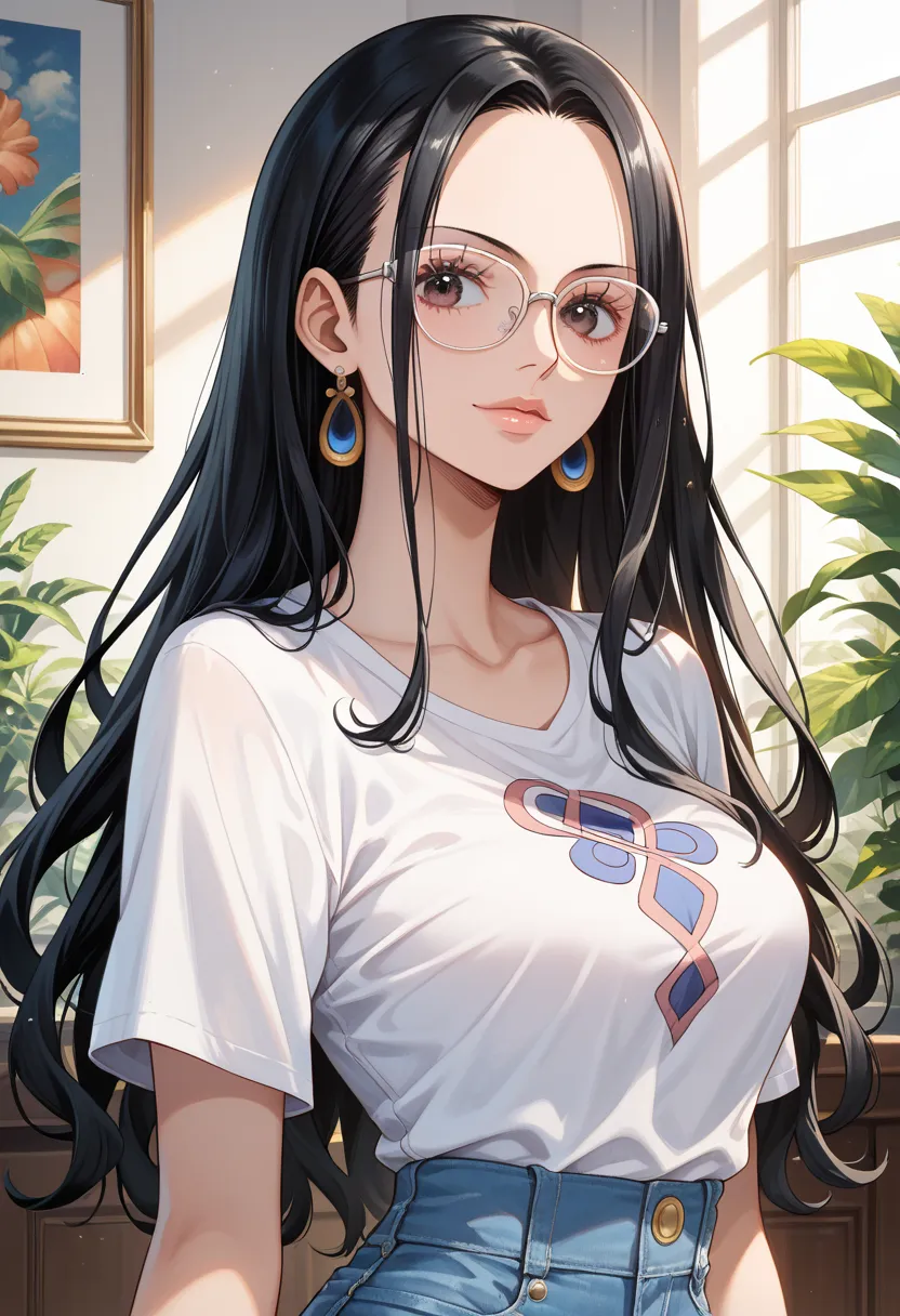 masterpiece, best quality, vibrant, very aesthetic, high contrast, portrait,official art,wallpaper, beautiful detailed face,detailed texture,detailed skin,newest, 1girl,one piece,source_one piece,kalifa,glasses,shirt,shorts,room
