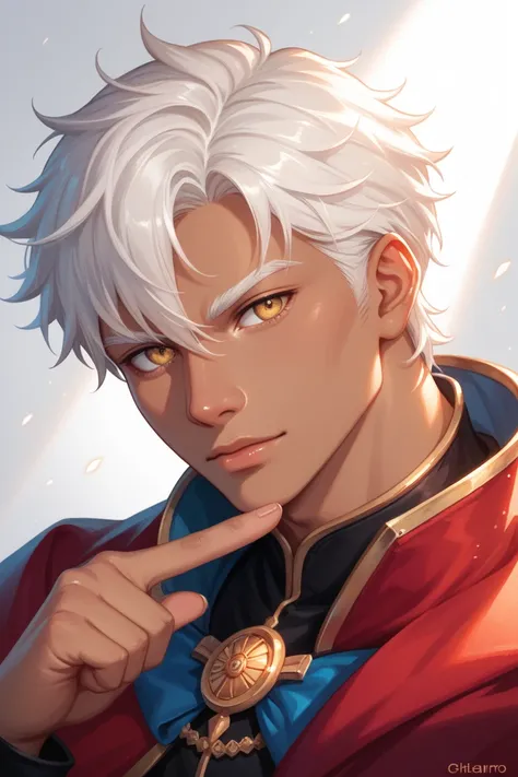 A young man with white hair that had two strands of hair pointing to the sky, brown skin, and golden eyes. his face in general resembles an owl