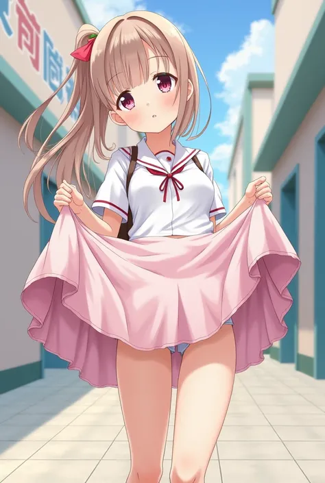 Girl wearing school uniform in school girl's restroom undressing anime