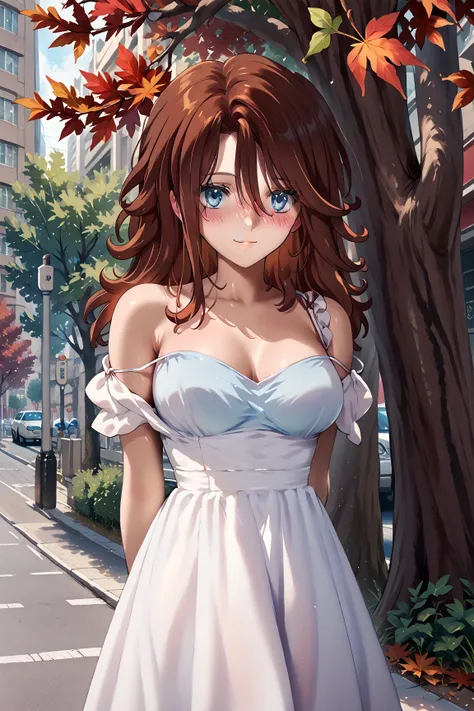 woman、 beautiful and well-groomed breasts 、Brown Long Hair Fetishes、 rich contrast 、 Extremely High Quality 、8k、Very Delicate CG Unit、Wallpaper Ultra Wide Angle、1woman,light blue eyes,small eyes,bangs between eyes,medium breasts,
White dress,off shoulder d...