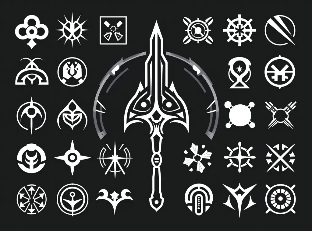 sci-fi, sygils, there are many different types of weapons on this black background, concept art by Lisa Nankivil, trending on polycount, primitivism, cyberpunk demonic symbols, perfect factions, game icon asset, overwatch design, game icons, game icon styl...