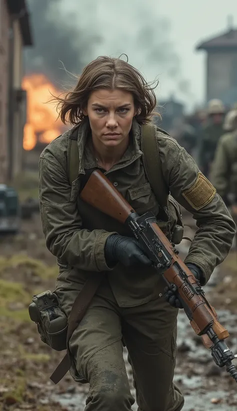 A beautiful young female soldier, 20 years old, dashes forward through the chaos of battle in a war-torn European countryside. Her sharp, determined eyes scan the surroundings, framed by her sleek bob haircut, slightly tousled by the wind and movement. Her...