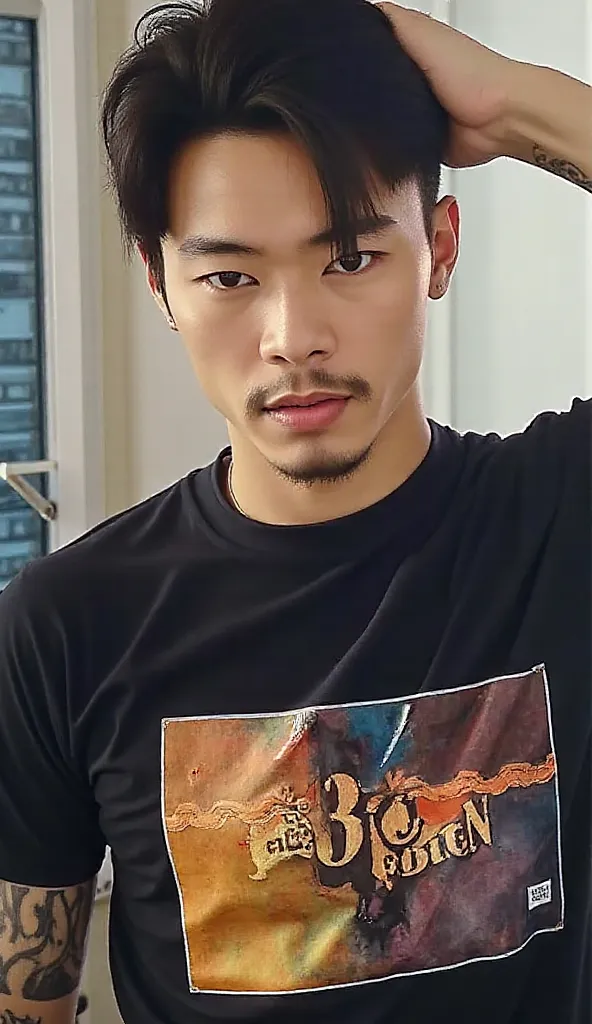 Asian man,  tattooed  ,   wearing a black shirt , with shiny skin like glazed tiles,  Luminous Body .  Asian look  , Wear a graphic print shirt, "Baby man 90s," , with shiny skin like glazed tiles,  Warm light ,  Movie Light