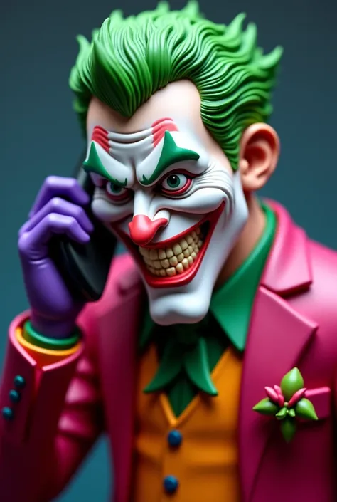 The Joker is talking on a mobile phone with a mischievous grin on his face. His colorful outfit contrasts with the background, making him stand out. The 3D model is highly detailed, with vibrant colors that enhance the scene, giving it a lively and dramati...