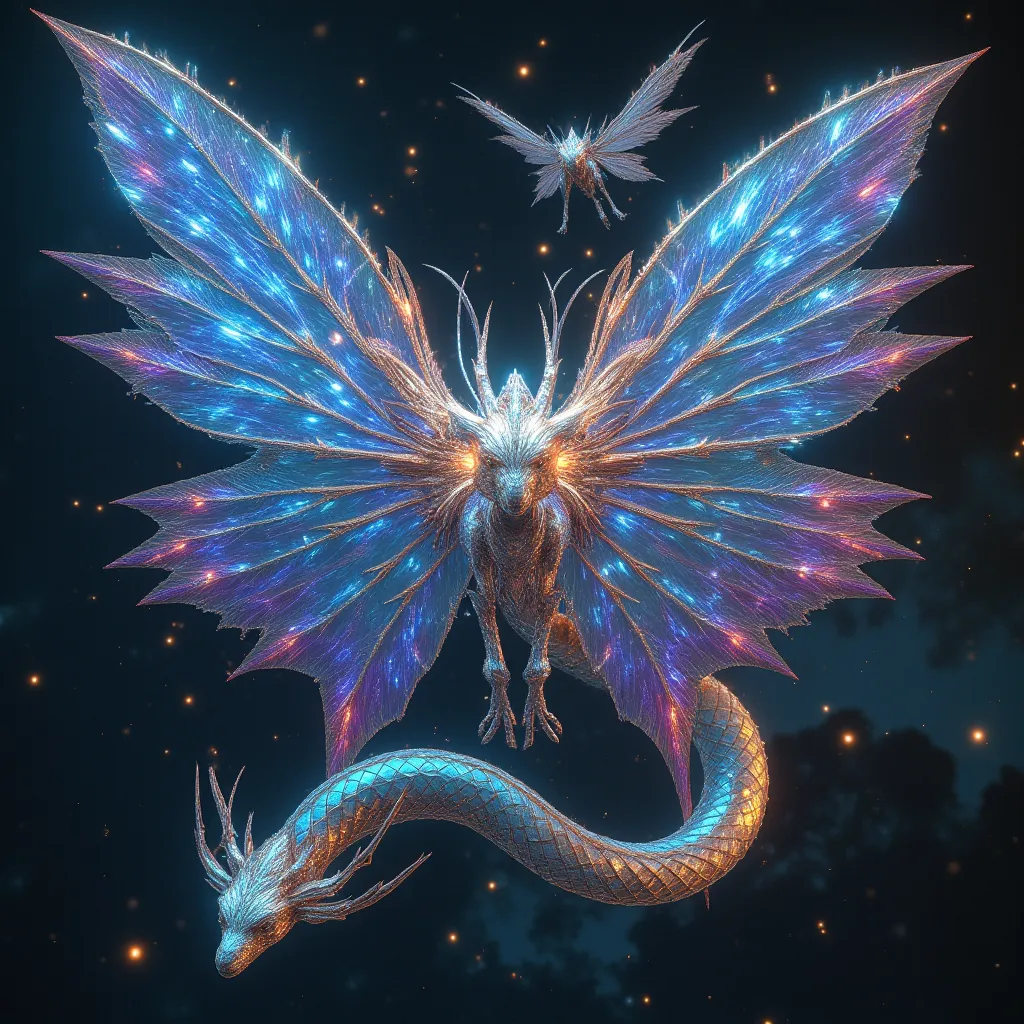 "Exotic creatures unlike anything seen before: Elegant, multi-winged beings that hover weightlessly, translucent bodies pulsing with bio-electric energy. Giant serpentine beasts glide through the air without wings, their bodies covered in shifting geometri...