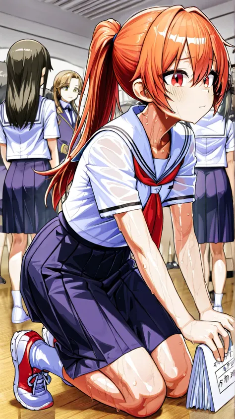 4K Ultra HD, better quality, shoes.
 A pretty girl with long hair,tall and thin with silhouettes.. Student president of a Japanese school,Physics class clothes, and slightly sweaty, Drips of sweat on the neck too, ponytail style hair, She is in a Japanese ...