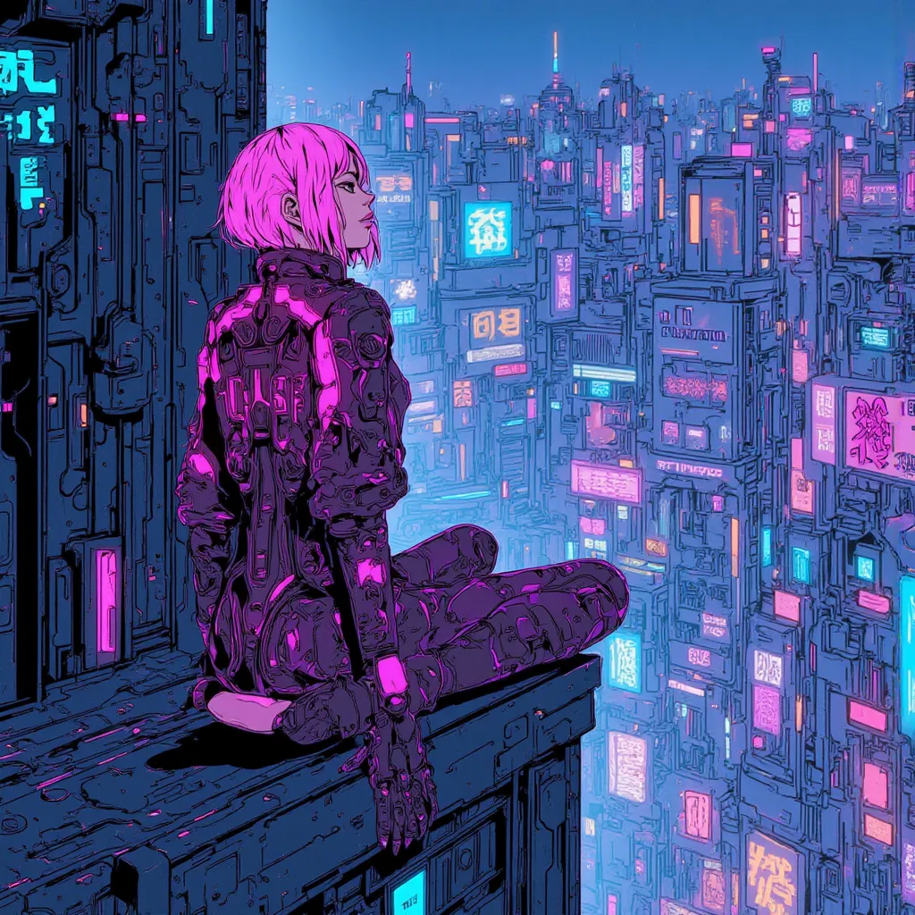 ((manga magazine)) ((perfect cyberpunk girl sitting on edge of a builing looking out at cyberpunk city bellow))),  ((dynamic pose)), ((led lights)), ((short, pink and round hair))), ((light skin)), ((manga draw)), hot lights, (( cinematography lights)), ba...