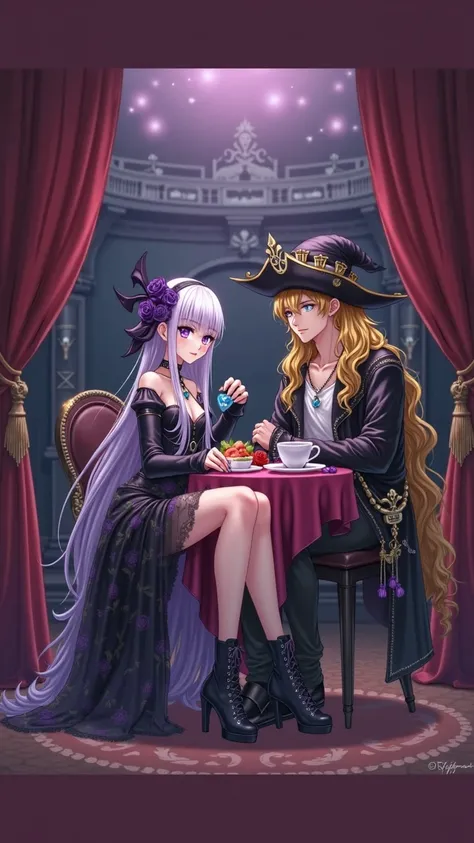 Anime witch vampire girl with very long white and purple hair. Big purple eyes. On the stage of an empty and lonely theater in a sexy short black and purple dress. Sexy Girl and young mature. Pink lips, sensual but sad look. Black fingernails. Blue heart a...