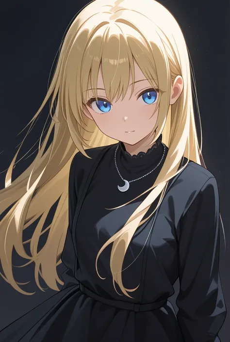 A girl in anime still with blond long open hair and blue eyes, the picture should be simple but a bit dark and mysterious, The girl is wearing a necklace with a small half moon pendant 