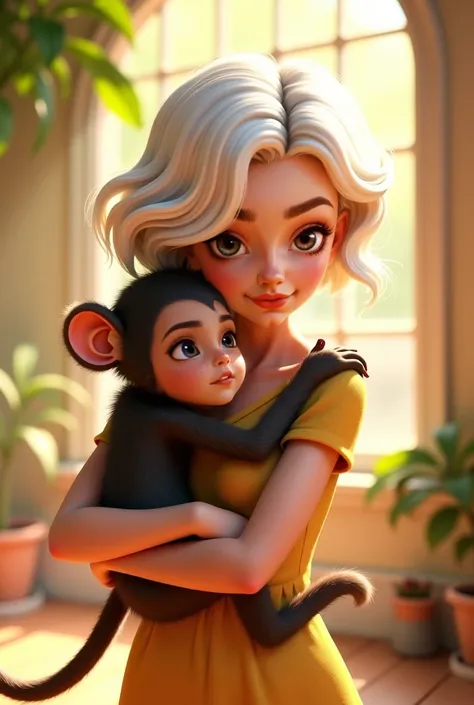 Style pixar, A very beautiful woman with short wavy white hair, Cuddling a monkey 