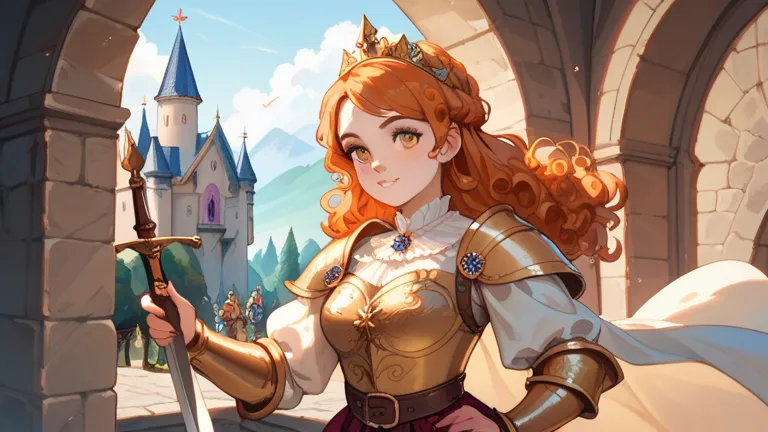  a warrior girl of great beauty, very kawaii and white skin, curly orange hair, bright reddish golden eyes. She wears golden medieval armor with dragon decorations. She carries a large sword and stands in front of a medieval castle.