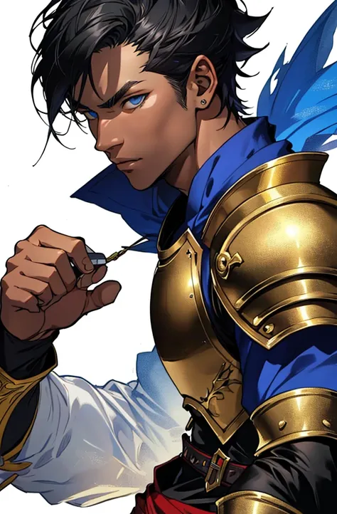 ((Masterpiece)) ((Best quality)) male focus, solo, portrait, asian warrior, 1 mature male, fantasy, (muscular 2.0), (dark skin 2.0),  white short hair, detailed blue eyes, (pride), fantasy armor, shoulder armor, no background, 8k