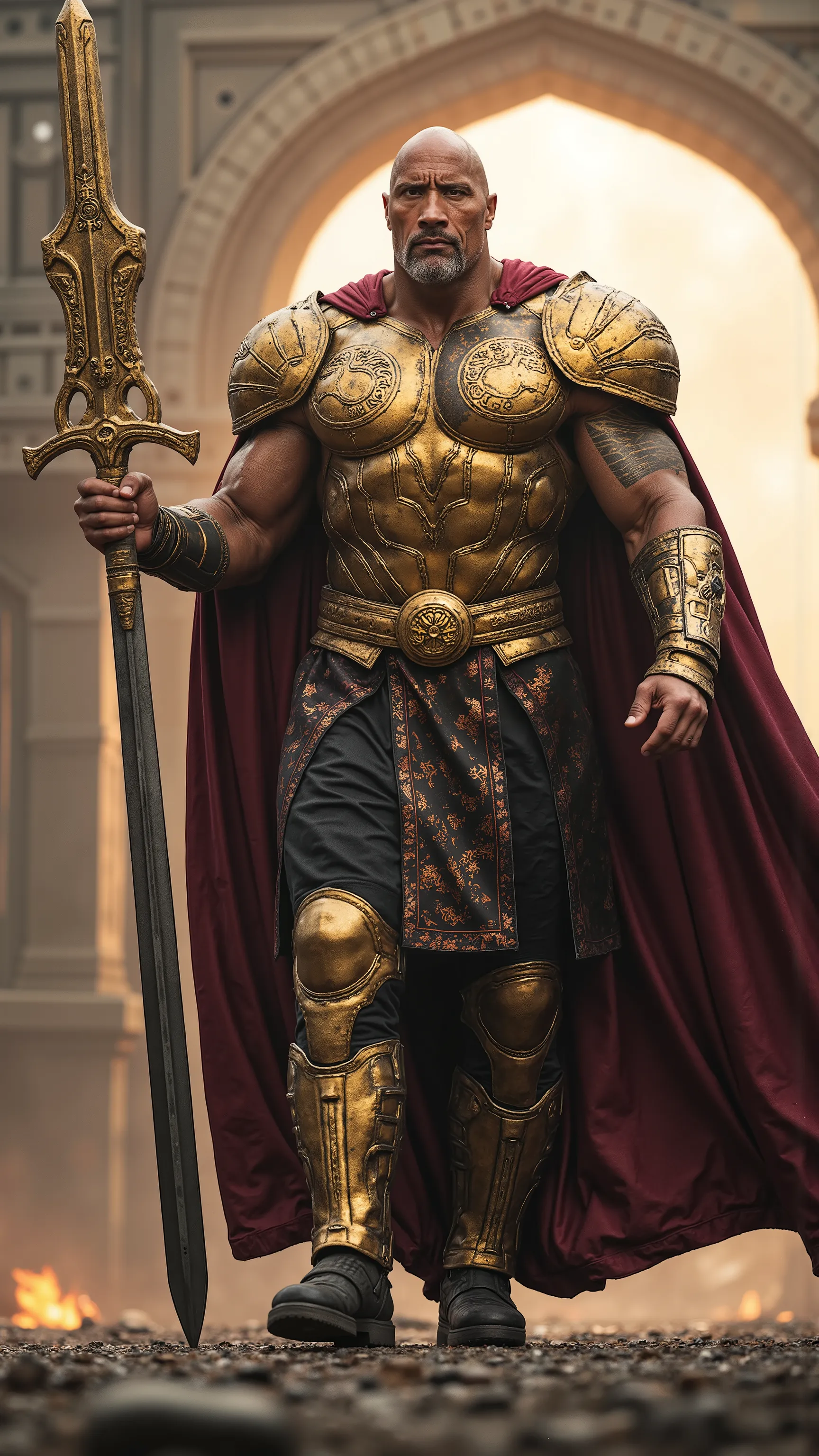 Dwayne Johnson reimagined as a majestic Norse god Heimdall walking and holding up a great sword､dramatic atmosphere, 1 male､ 

 His massive, muscular frame is clad in divine armor, built for both power and endurance. His shaved head gleams under the golden...