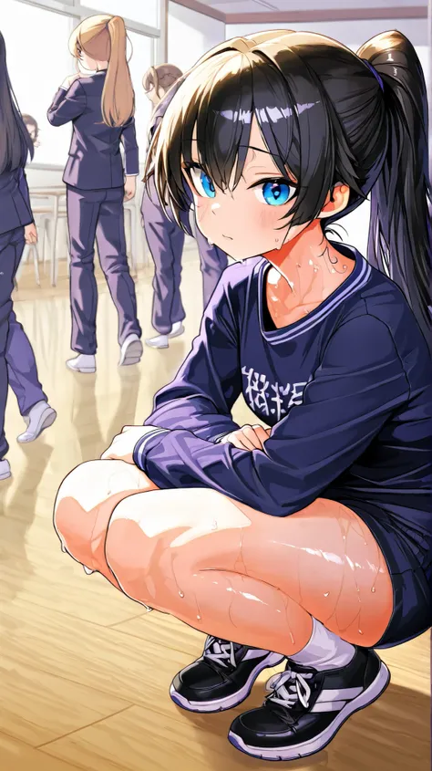 4K Ultra HD, better quality, shoes.
 A pretty girl with long hair,tall and thin with silhouettes.. Student president of a Japanese school,Physics class clothes, and slightly sweaty, sweat drips on the neck too, ponytail style hair, She is in a Japanese sch...