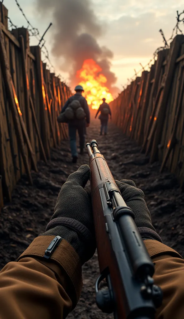 First-person perspective of a soldier in a World War I trench, gripping a bolt-action rifle with gloved hands. The wooden trench walls, reinforced with planks, extend into the distance, lined with barbed wire and muddy terrain. Another soldier ahead, weari...