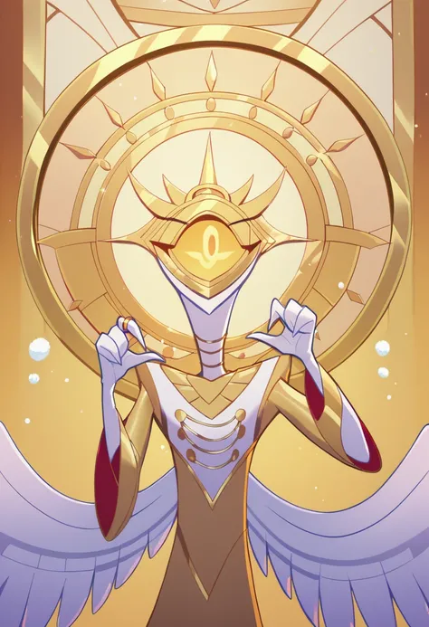 Male Ophanim, tall, slender, white as snow skin, one golden eye, no mouth, long golden hair, golden rings with eyes circling his head {four golden rings flowting on each side of  his head}, white royal robes with gold lining, wide spreaded arms gesture, we...