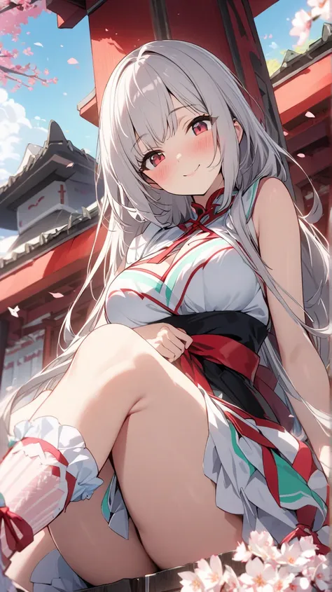 1 girl、 shrine maiden clothes(sleeveless、miniskirt)、is sitting、ruffle socks、low angle、embarrassing、cross lace legwear with visible chin、masterpiece、Highest quality、 Silver Hair、Scarlet Eyes、moderately developed breasts、Pretty Girl、 cute hairstyle。kind smil...