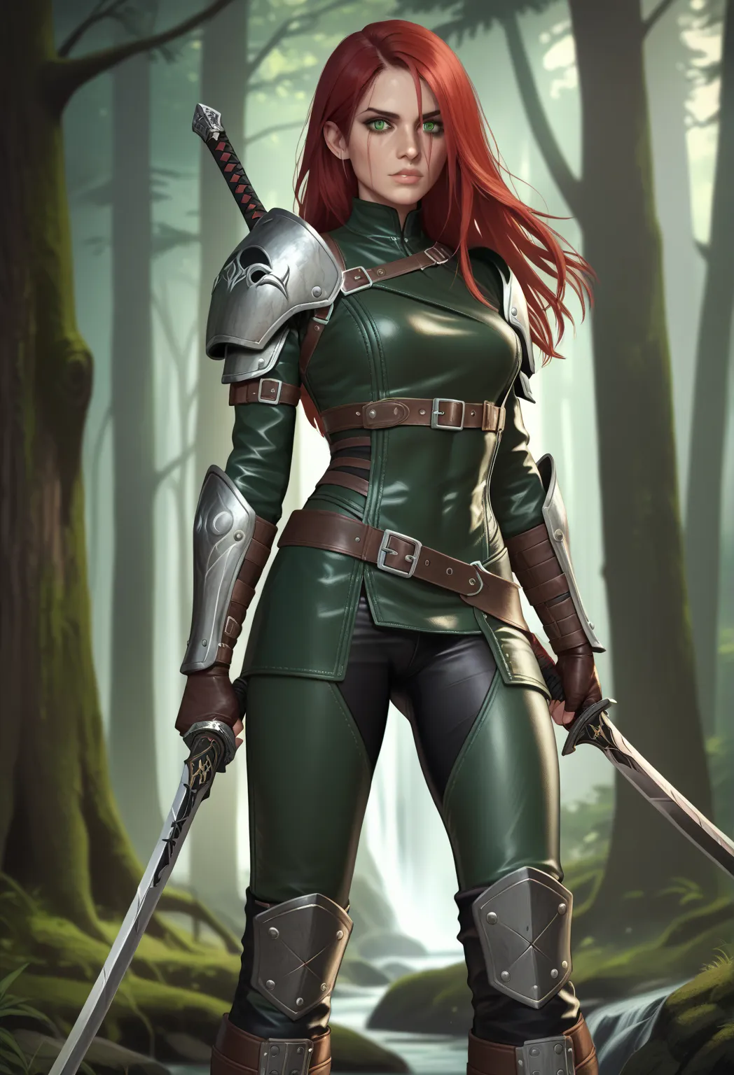 fantasy setting, D&D, a tall and strong human woman resembling Katarina with a red mane and green eyes dressed in a green leather sexy armor, boots, wielding a sword, in a forest, a grayish wolf by her side, (((correct anatomy))), realistic, 