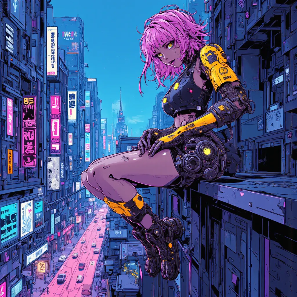 ((manga magazine)) ((perfect cyberpunk girl sitting on edge of a builing with a cyberpunk city below))),  ((dynamic pose)), ((led lights)), ((short, pink and curly hair))), ((light skin)), ((manga draw)), hot lights, (( cinematography lights)), barcode.