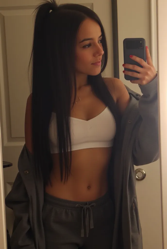 black long hair, straight hair is in a relaxed ponytail, selfie, mirror selfie (Black iphone S15 PRO) living room,, huge tits, pajamas, smile, sexy cleavage, white long bandeau tanktop, dark grey pants, long winter jacket, thin body, winter, small lamp, lo...