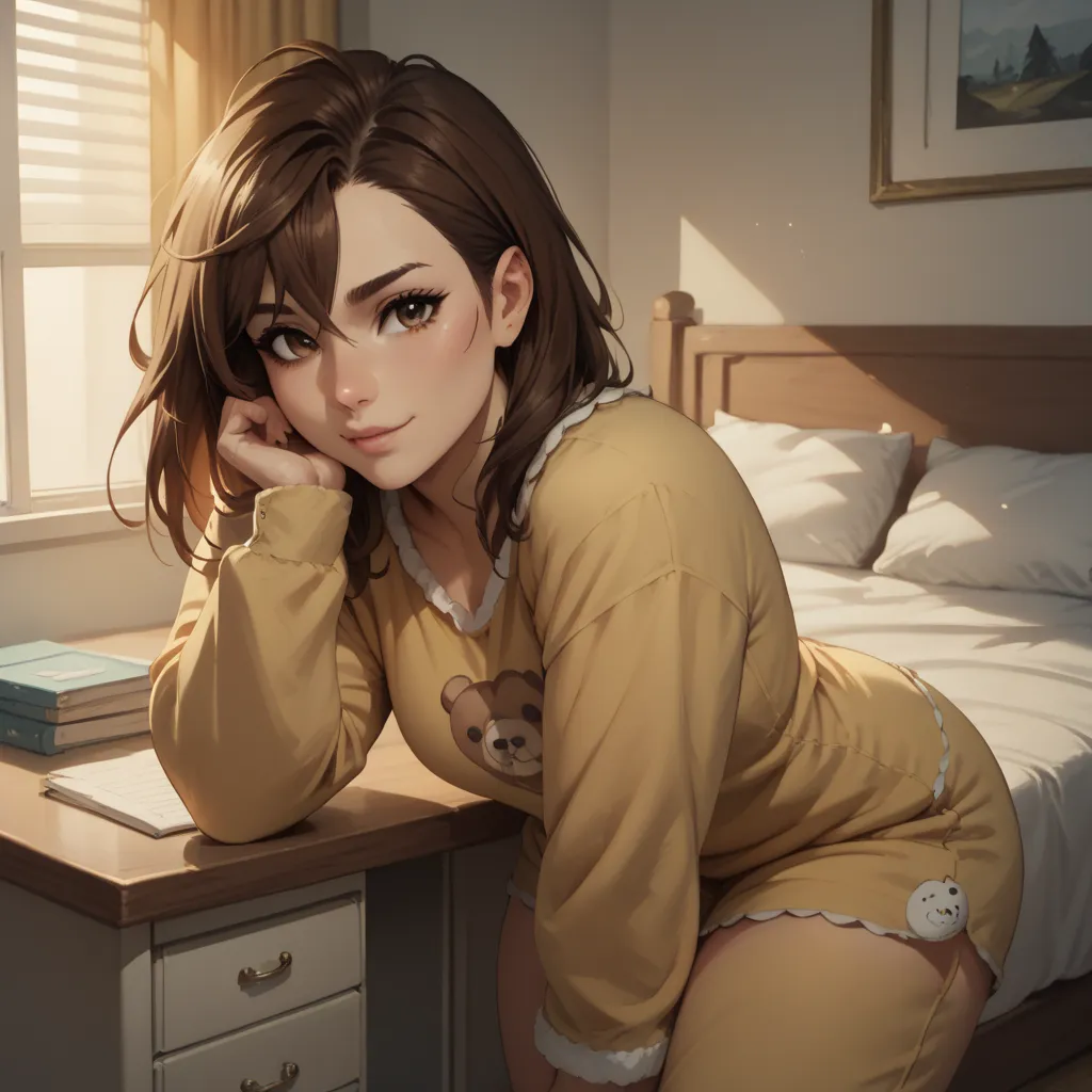 score_9, score_8_up, score_7_up, 1GIRL, ayase momo,brown hair,brown eyes, BEDROOM,(GIRL BEDROOM),PAJAMA,BEAR PAJAMA,CUTE, DESK ,(THICK THIGHS:0.7), DOWN PANTS, ,LOOKING AT VIEWER,