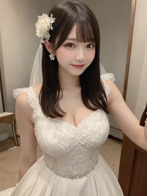 Highest quality, Super Detail,  fine details, High Resolution ，neat white wedding dress，(anatomically accurate,  30 year old woman, Realistic Japanese Woman, real skin:1.3), costume: (wedding dress, ball gown , bridal veil , bride, drape, depth of field, d...