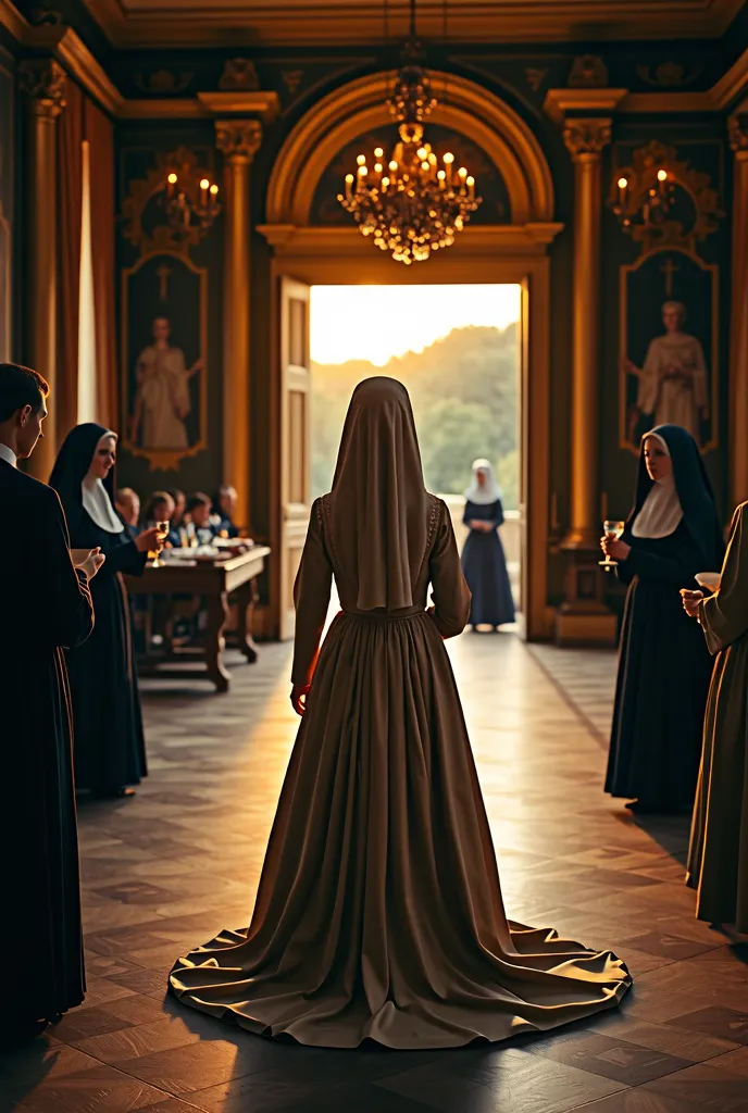 *A hyper-realistic and cinematic medieval scene depicting Sister Isabel de Villena en el momento decisivo en el que deja atrás su vida de privilegio para ingresar en el convento. The scene takes place in a large palatial court room Valenciana, adorned with...