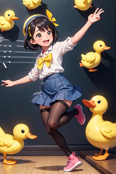 A cheerful, smiling, surprised, and happy cute
yellow plastic duck is writing on a chalkboard in an
elementary school with very large numbers, an
addition: "150k + 10k = 160k likes". Many cute yellow
plastic duck companions celebrate the sum result.
Less

...